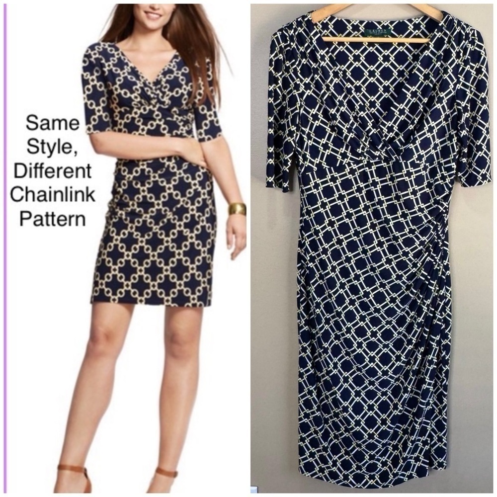 Lauren Ralph Lauren Faux-Wrap Print Jersey Dress. Navy Blue Yellow White. 10